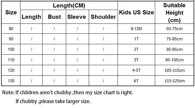 Size chart for babies and kids clothing with US sizes from 9-12M to 6T and suitable height in centimeters