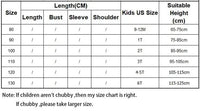 Size chart for babies and kids clothing with US sizes from 9-12M to 6T and suitable height in centimeters