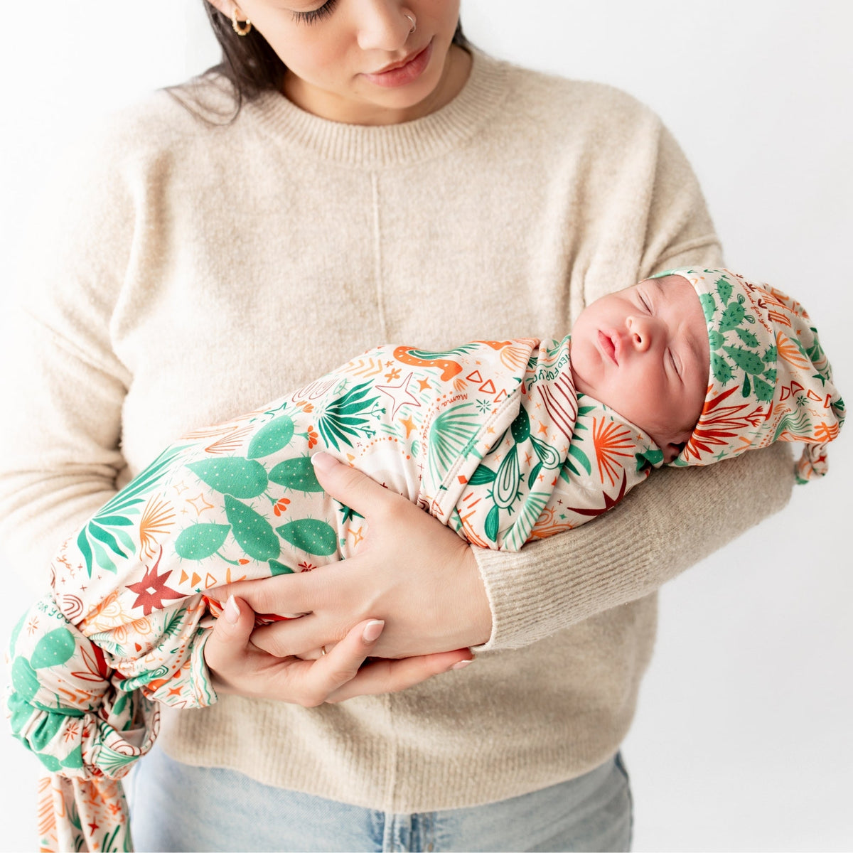 SoftKnot Bamboo Newborn Baby Cap - Desert Cactus Beige, designed to match adorable bamboo prints while keeping babies comfortable.