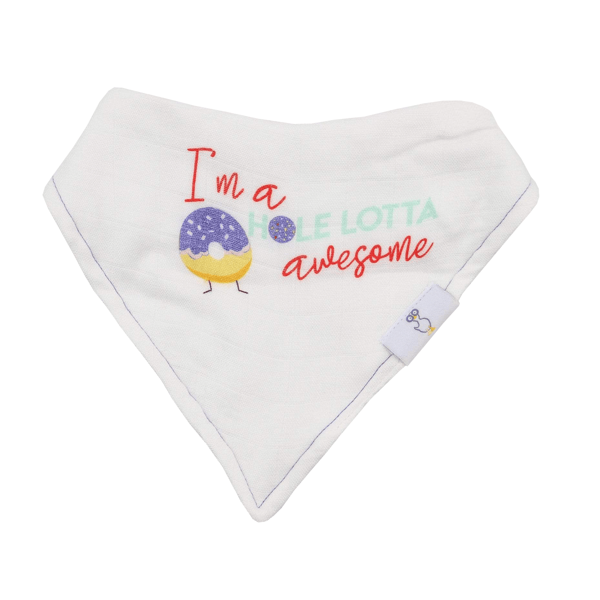 White bib muslin for newborns with colorful donut graphic and Im a whole lotta awesome text