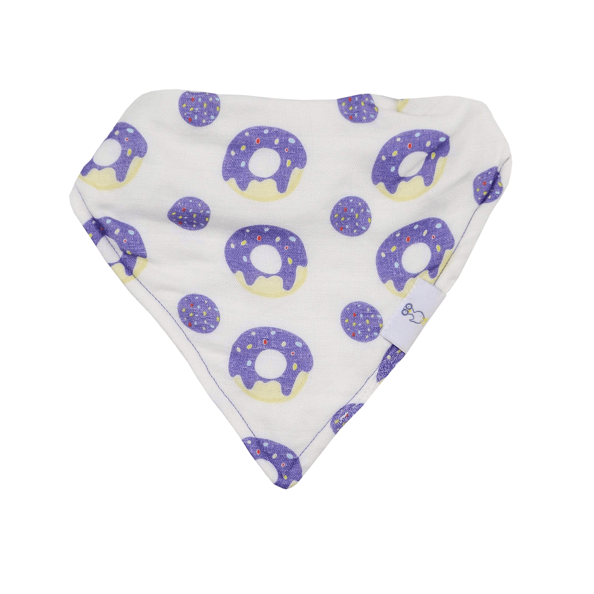 Newborn baby bib muslin with purple donut pattern on white background