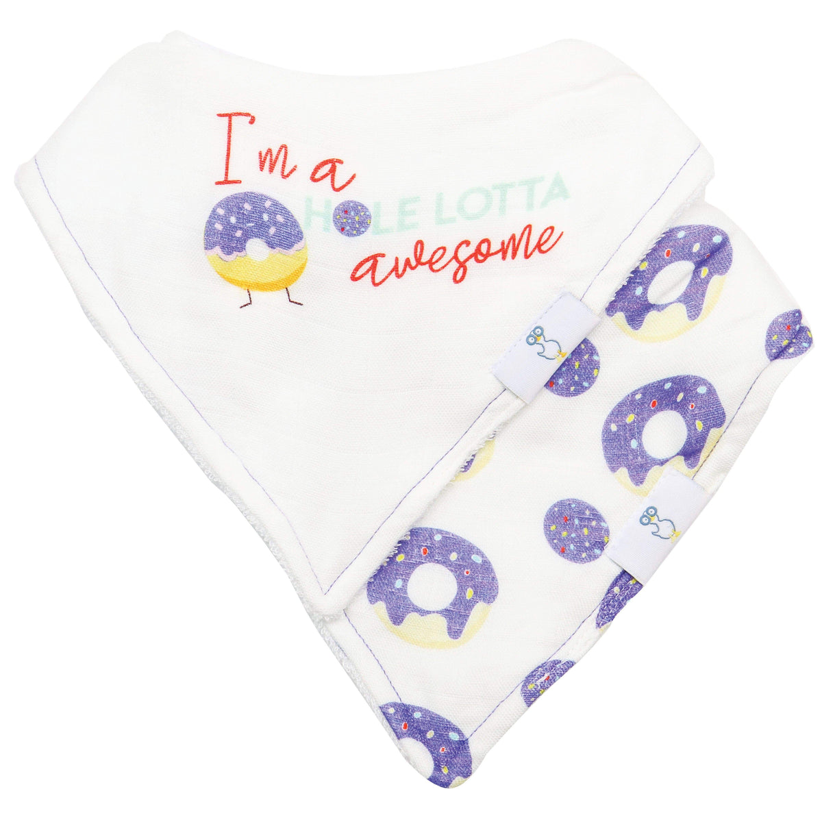 Goosewaddle bib muslin set for newborns white with purple doughnut print and I'm a hole lotta awesome text