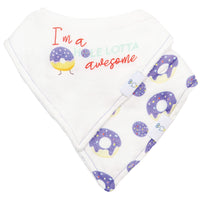Goosewaddle bib muslin set for newborns white with purple doughnut print and I'm a hole lotta awesome text