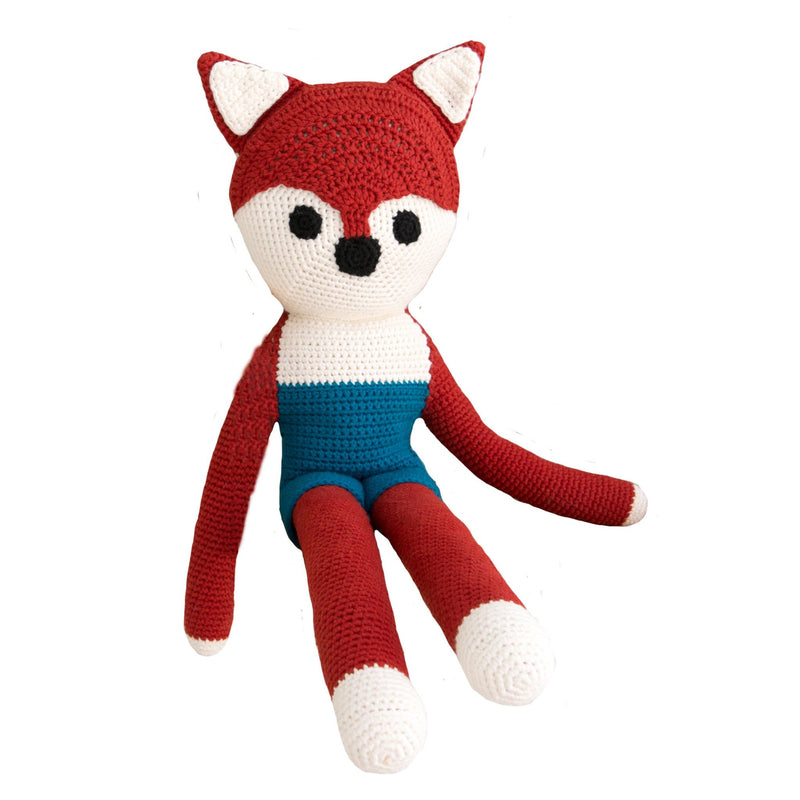 Red and white crocheted fox stuffed animal with long limbs and blue accents, featuring a pointed face for big hugs.