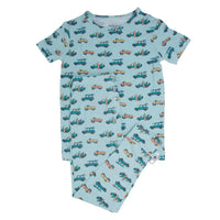 Baby romper with car pattern on a light blue background