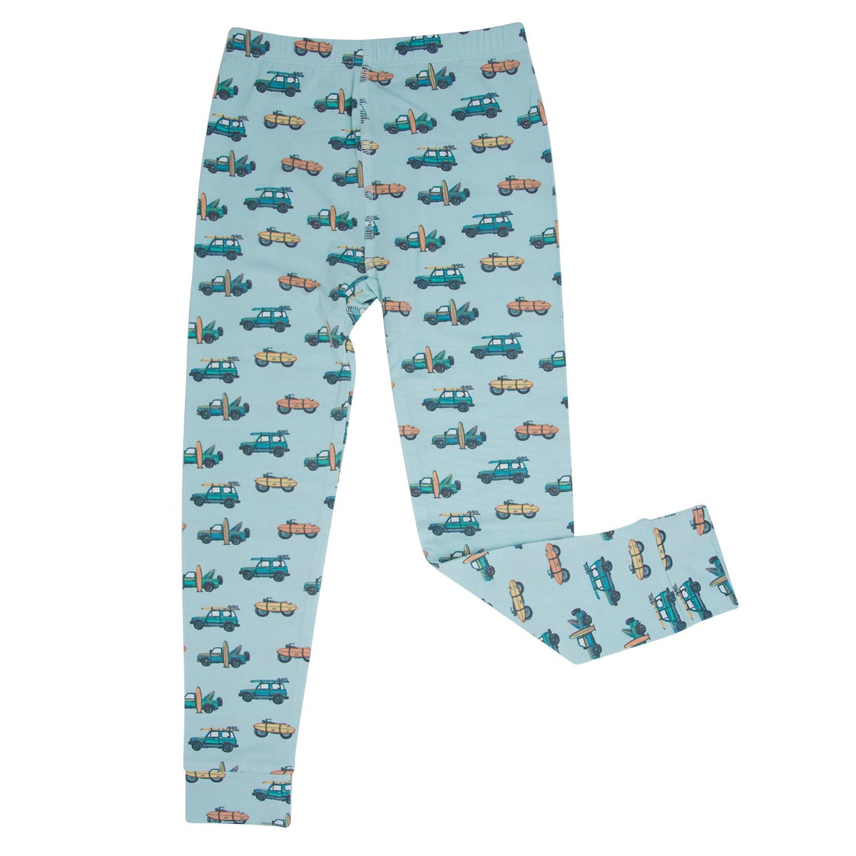 Light blue leggings with truck pattern on a white background