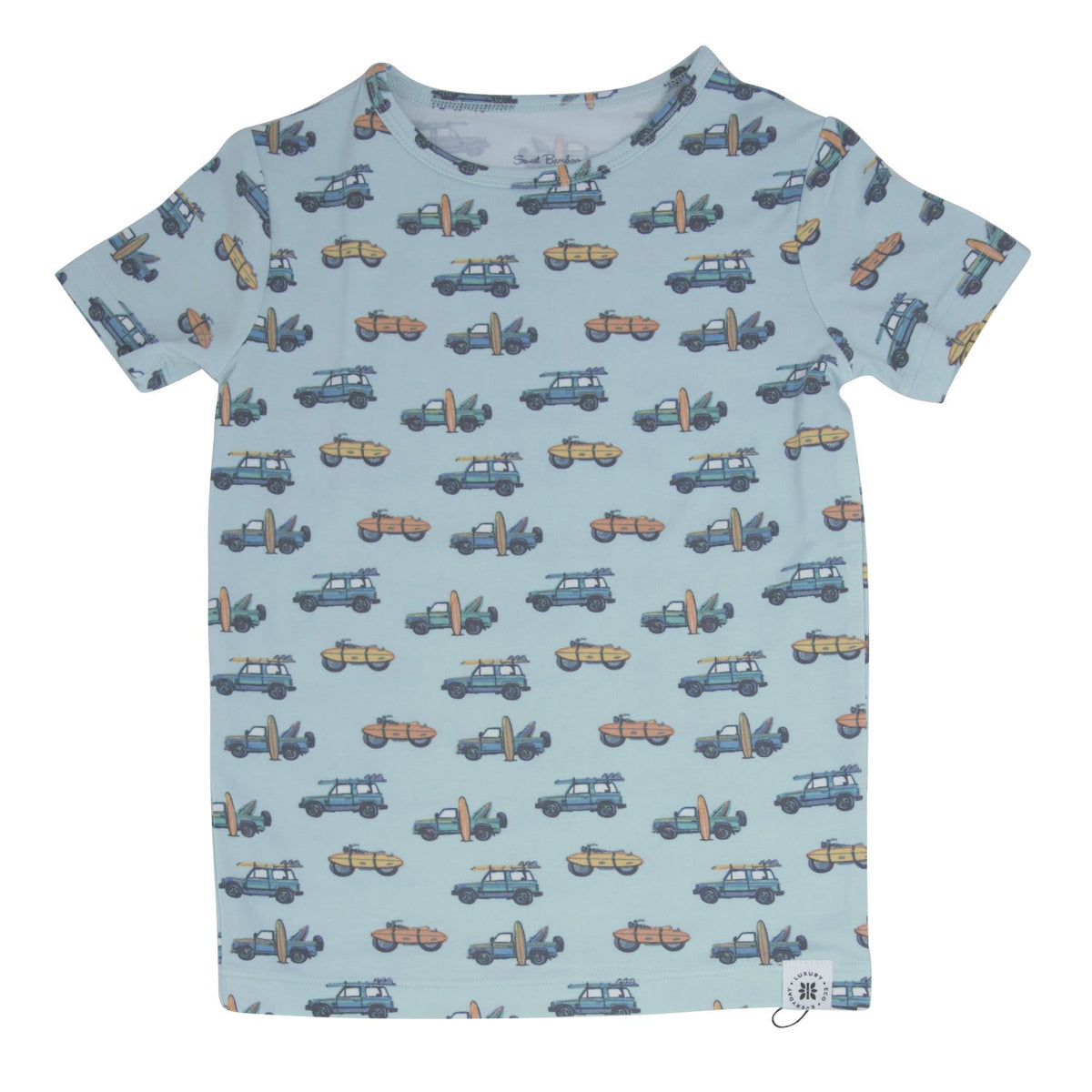 Children's t-shirt with car pattern on a light blue background
