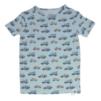 Children's t-shirt with car pattern on a light blue background