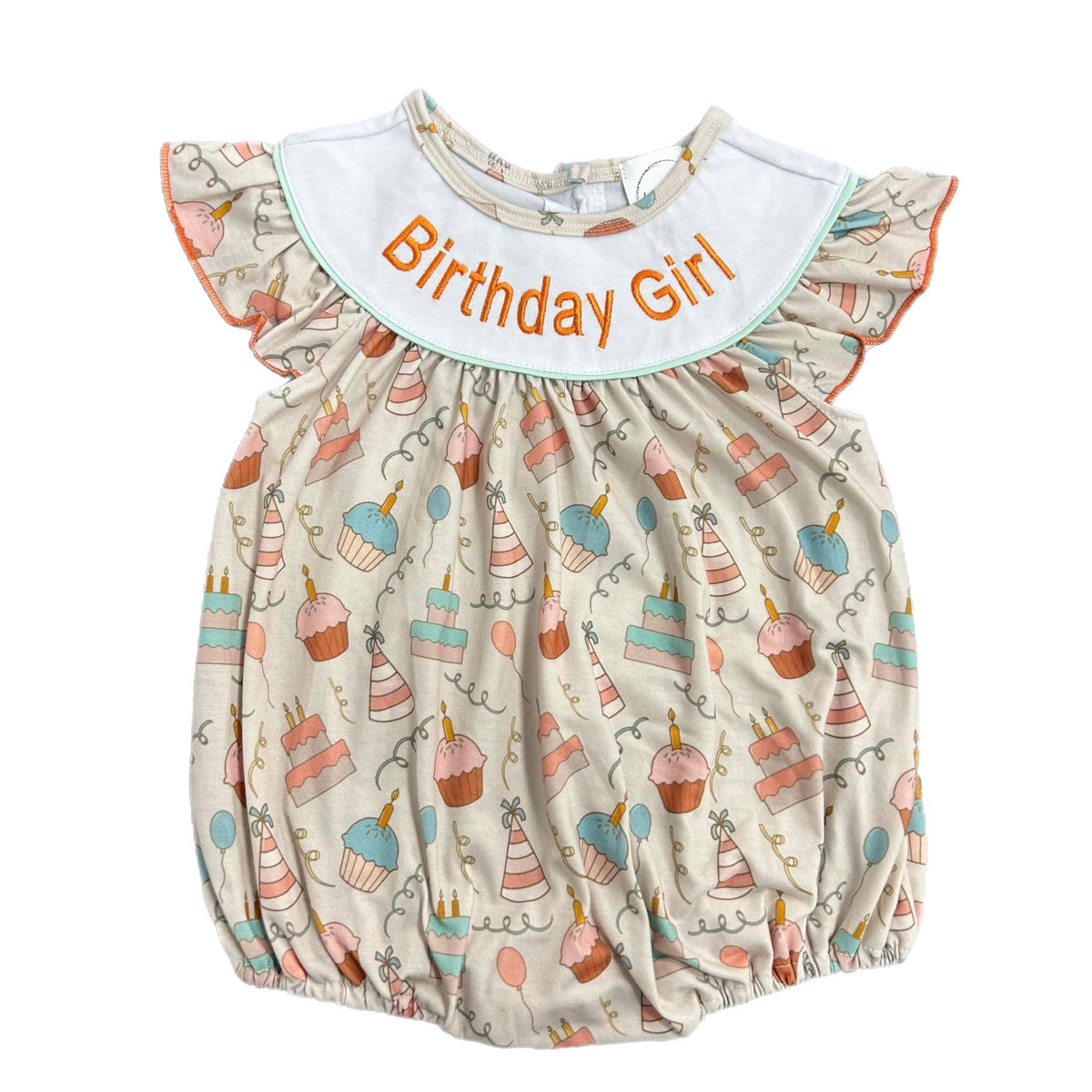 Leopardbaby Boutique birthday girl smocked bubble romper in cream cotton with colorful birthday cake and balloon print