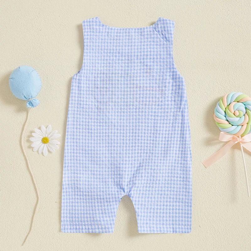 baby blue gingham birthday romper for infants with sleeveless design and short legs