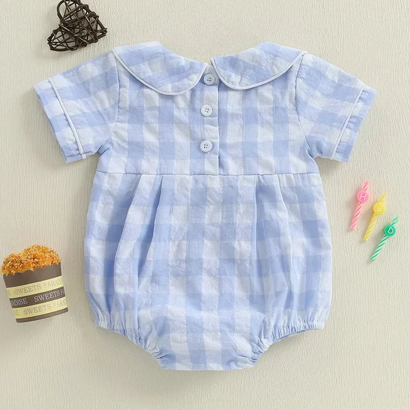 baby blue checkered birthday romper with short sleeves and button front for infants