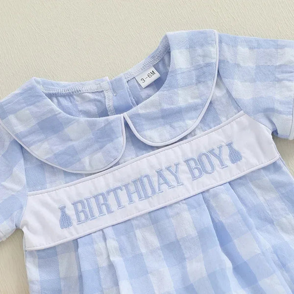 Baby boys birthday romper in light blue check pattern with peter pan collar size 3-6 months