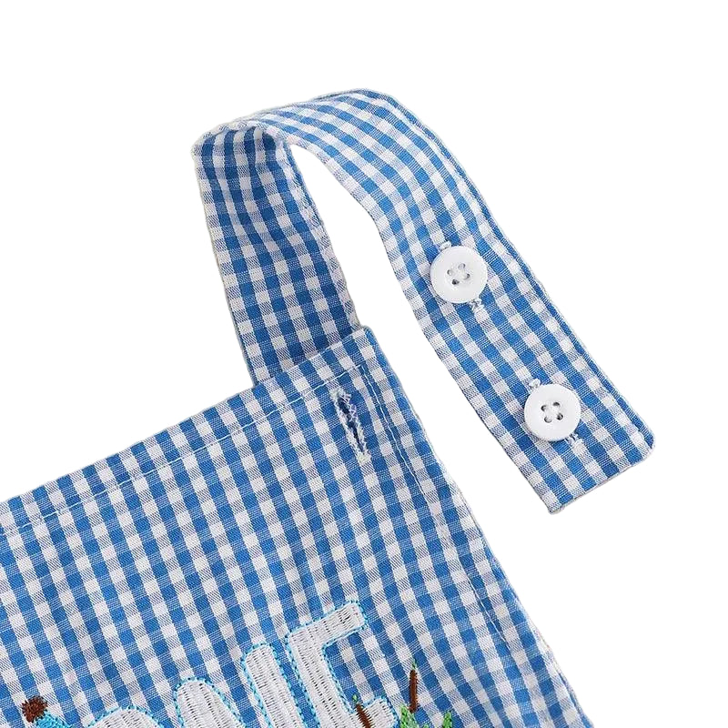 blue and white gingham baby birthday romper strap with white buttons for infants