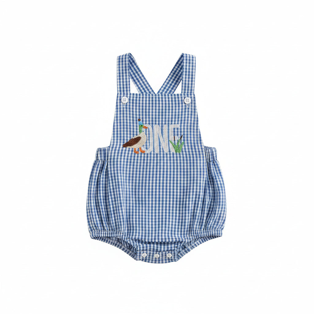 Blue checkered baby birthday romper with embroidered bird and plant detail, size for infants