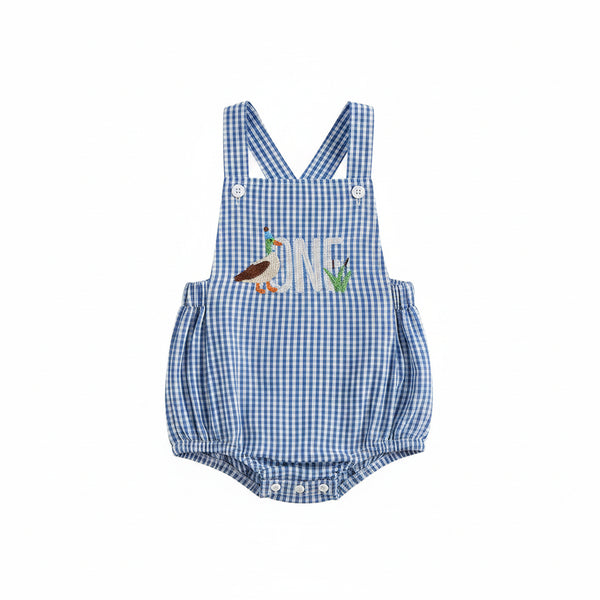 Blue checkered baby birthday romper with embroidered bird and plant detail, size for infants