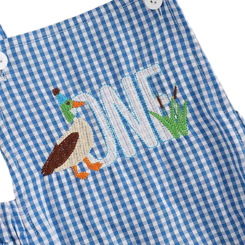 Blue and white gingham baby birthday romper with embroidered duck and ONE detail for infants