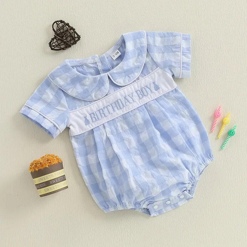 Baby blue and white striped birthday romper for boys with Peter Pan collar and birthday boy embroidery