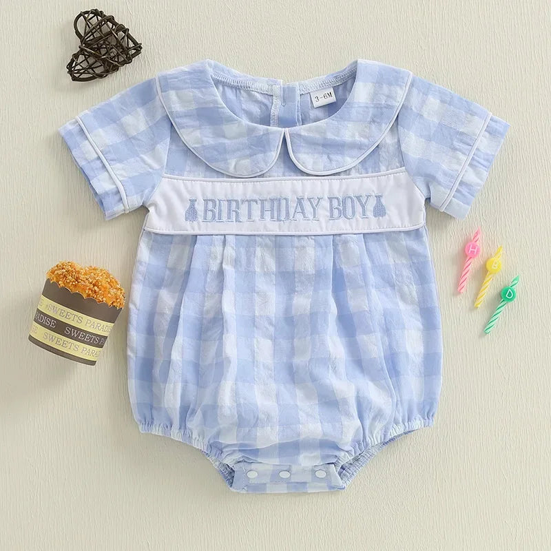 Baby boys light blue birthday romper with checkered pattern and Peter Pan collar in size 3-6 months