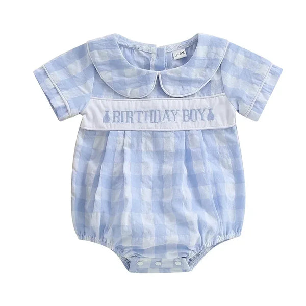 Baby boys light blue checkered birthday romper with peter pan collar and short sleeves