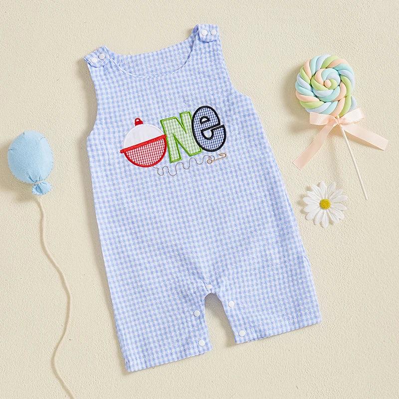 Blue checkered birthday romper for babies with one applique and snap closures