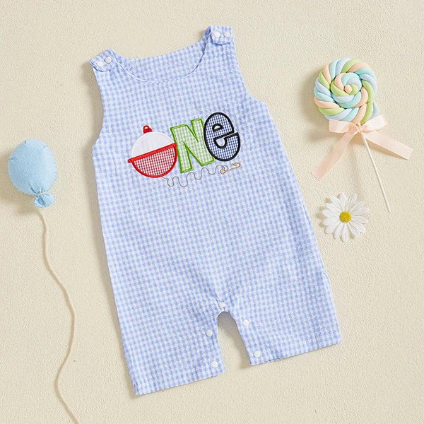 Blue checkered birthday romper for babies with one applique and snap closures