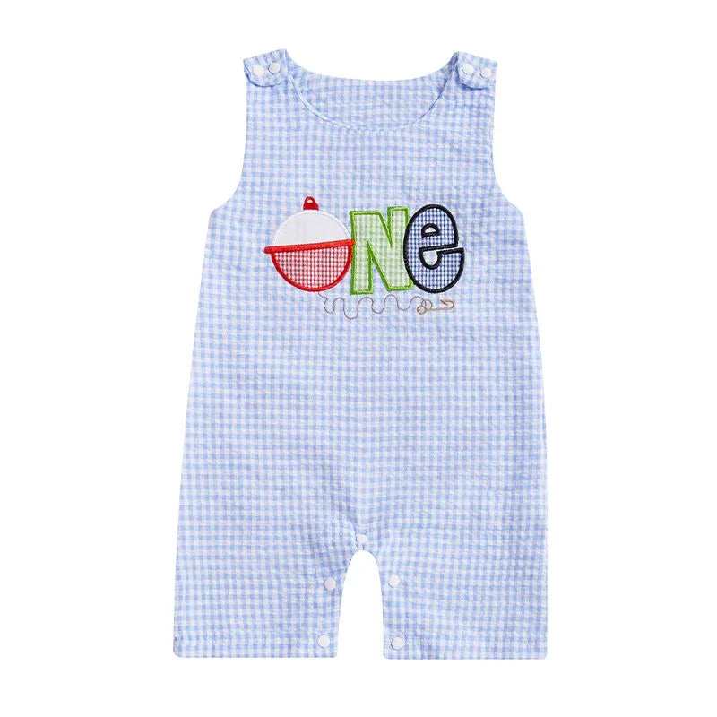 baby blue checkered birthday romper for newborns with one year applique design