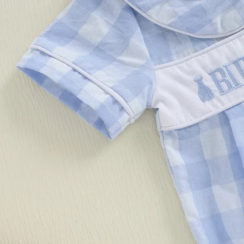 baby blue and white checkered birthday romper with short sleeves and embroidered detail for infants