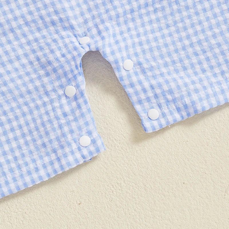 baby blue and white gingham birthday romper with snap buttons for easy diaper changes