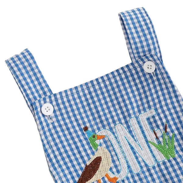 baby blue and white checkered birthday romper with embroidered duck and ONE text for newborns
