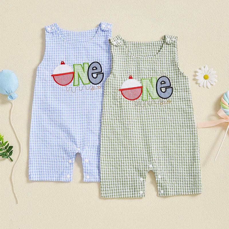 Baby boys birthday romper in blue and green gingham with one applique for first birthday