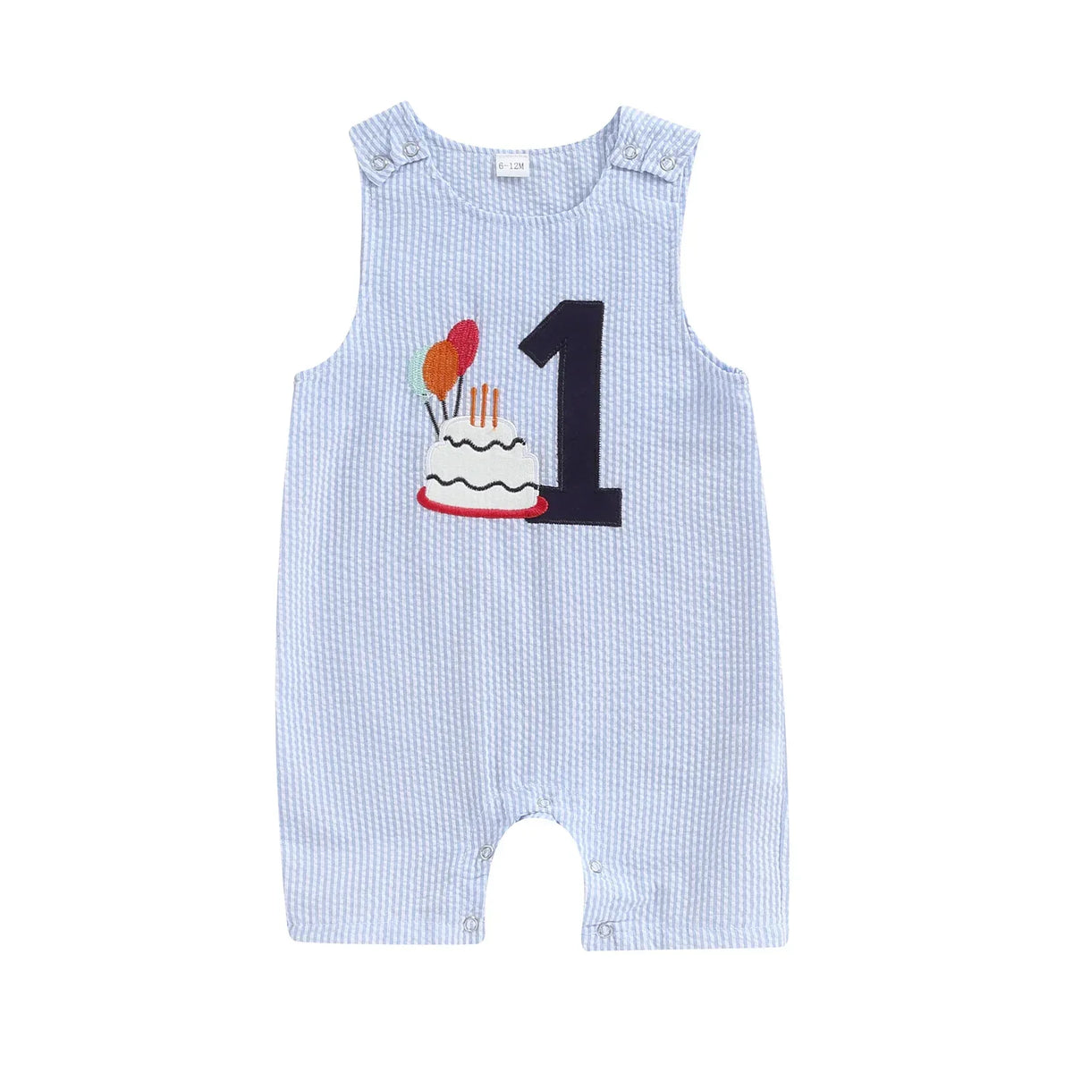 Light blue boys birthday romper with number 1, birthday cake, and balloon design for infants