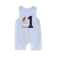 Light blue boys birthday romper with number 1, birthday cake, and balloon design for infants