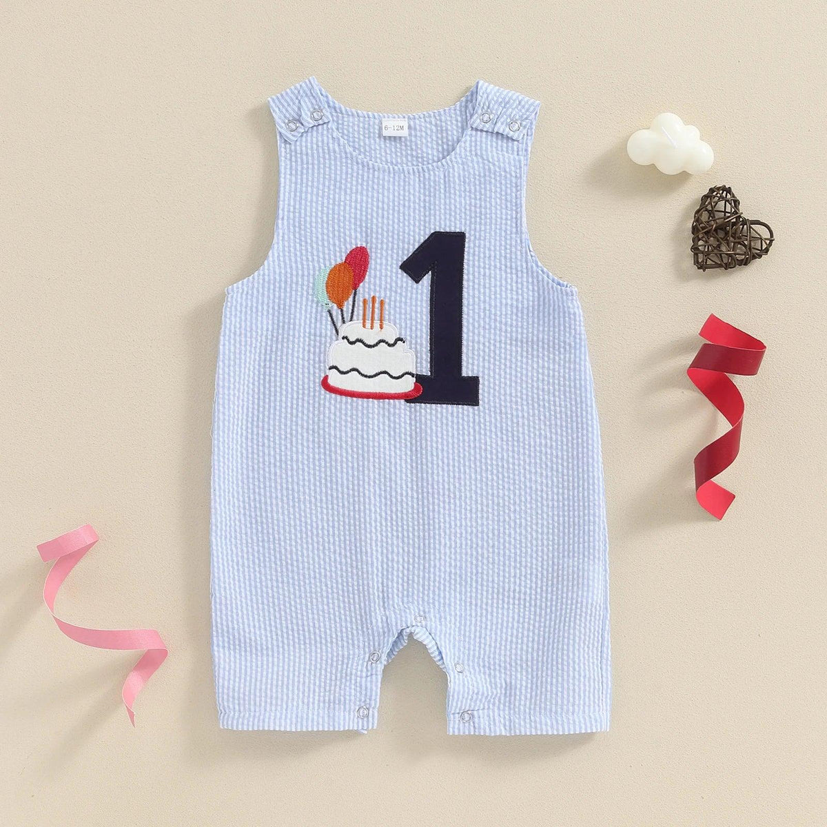 baby blue birthday romper for 1 year old with cake and balloons applique