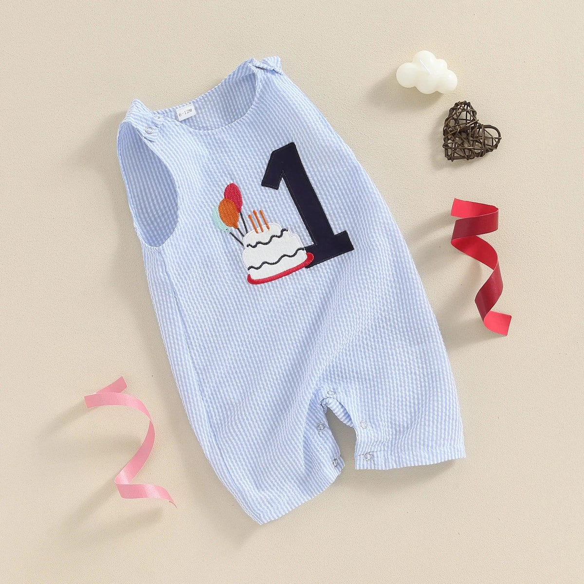 baby boys blue birthday romper with number one and cake applique for 1 year old