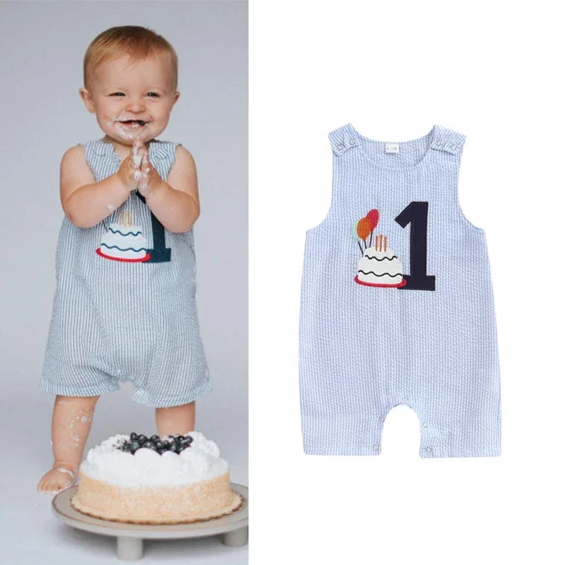 Blue striped baby boys birthday romper size 12 months with number one and cake design