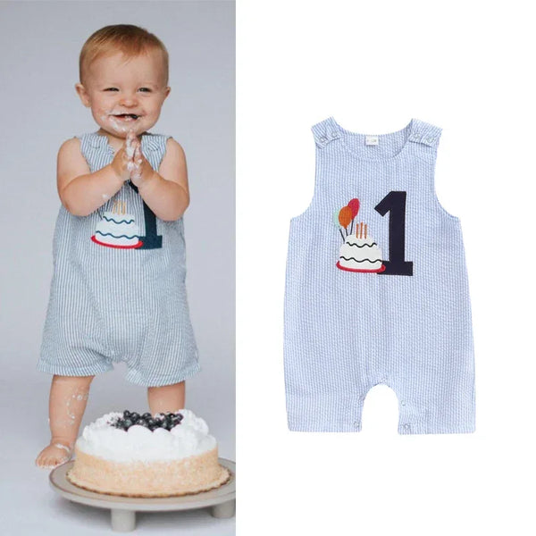 Blue striped baby boys birthday romper size 12 months with number one and cake design