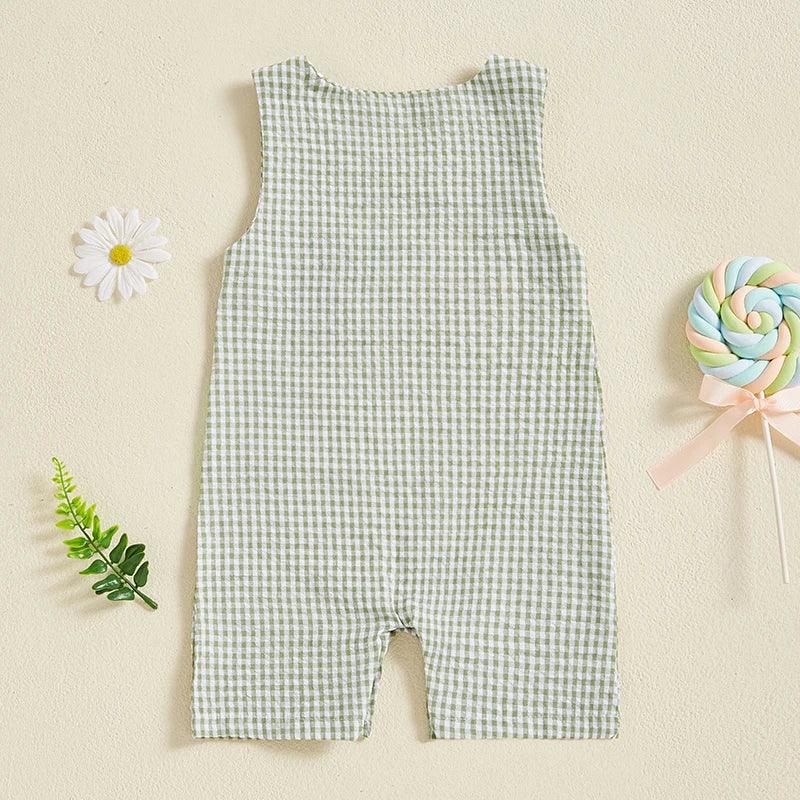 baby green gingham birthday romper for infants with sleeveless design and short legs