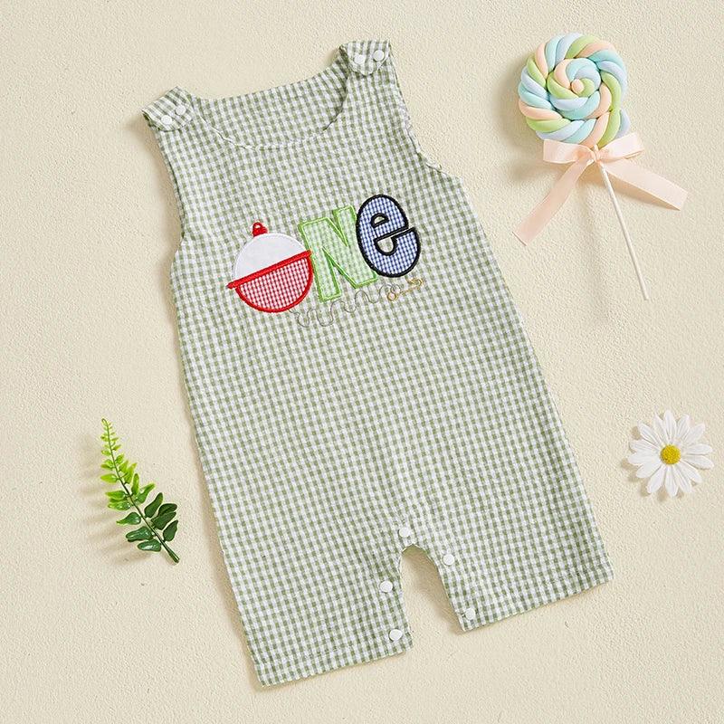 baby green checkered birthday romper with one applique for infants