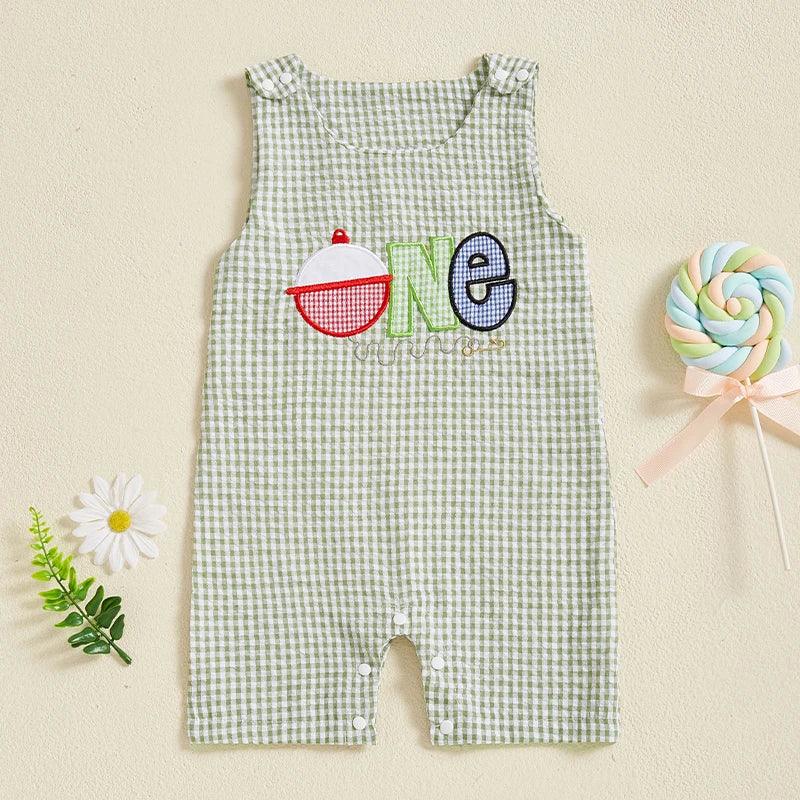 green and white checkered baby birthday romper with one applique for infants