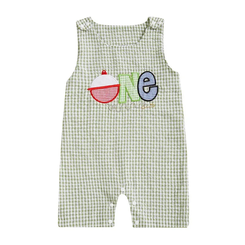 Green plaid baby birthday romper with one applique for 12 month old boys