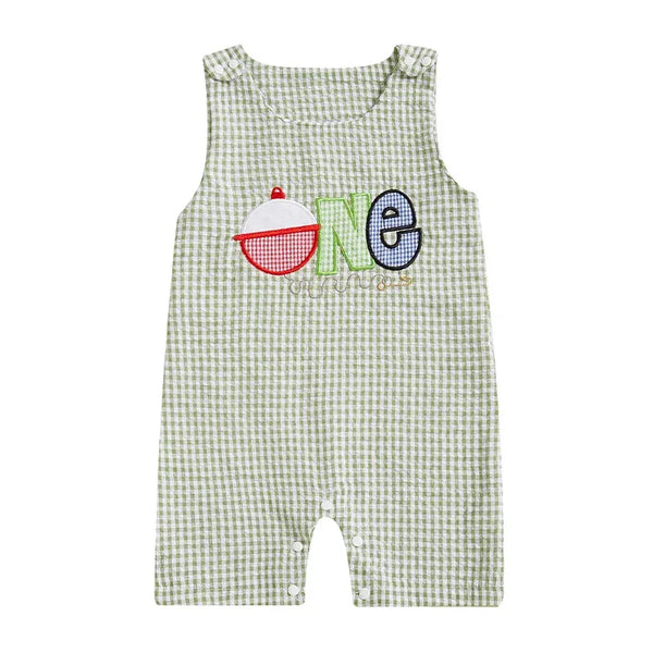 Green plaid baby birthday romper with one applique for 12 month old boys