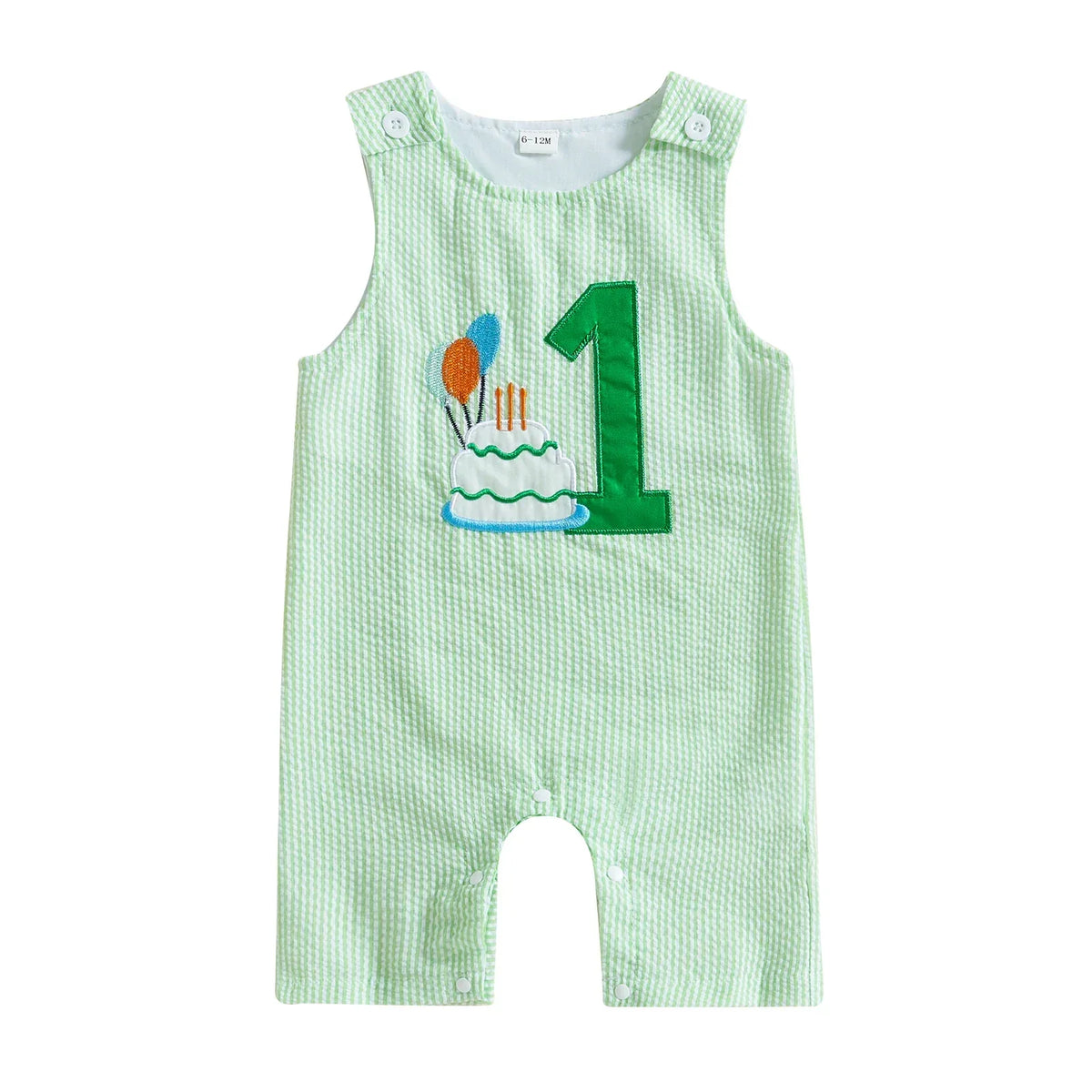 baby green striped birthday romper with number one and cake applique for 1 year old