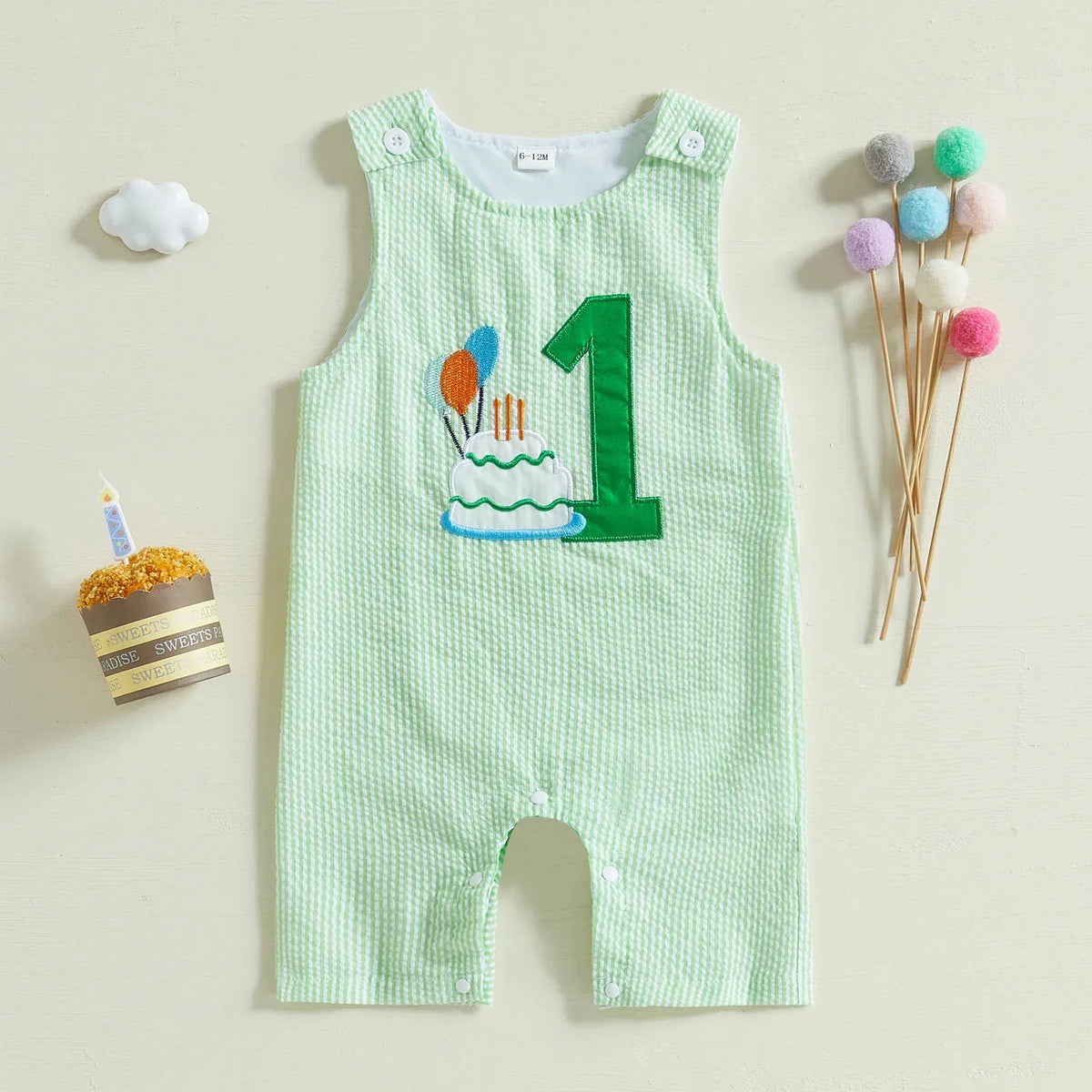 baby green birthday romper with number 1 and cake embroidery, 0-12 months size