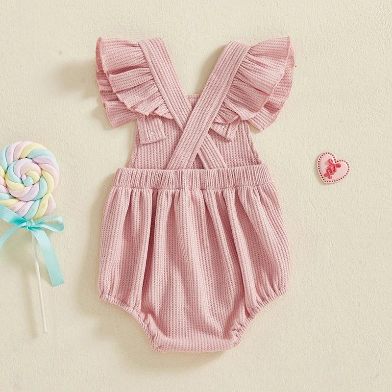 Pink baby birthday romper with ruffle straps in size 6-12 months soft knit fabric