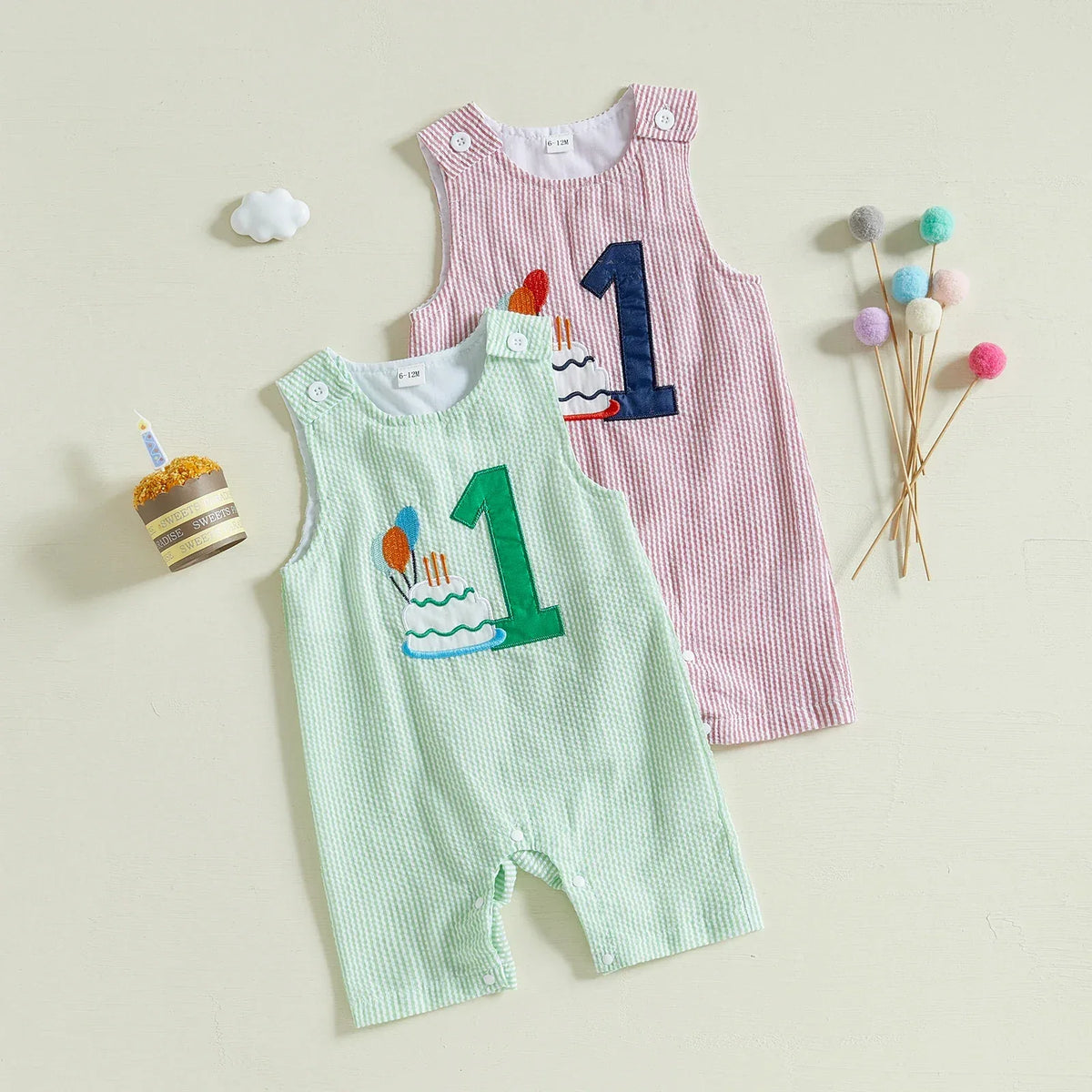 Baby boys green and pink birthday romper with number one and cake applique for first birthday