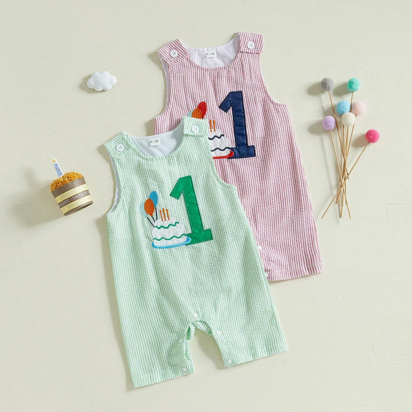 Baby boys green and pink birthday romper with number one and cake applique for first birthday