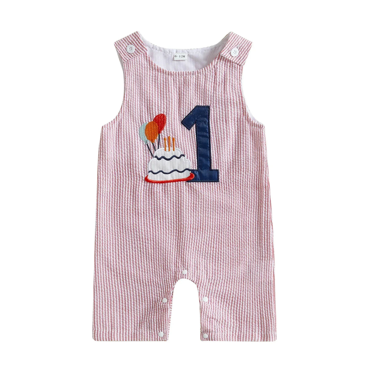 baby boys pink striped birthday romper with number one and birthday cake applique size 12 months