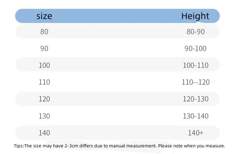 Size chart for babies and kids clothing showing sizes 80 to 140 with corresponding heights 80 to 140 plus centimeters