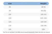 Size chart for babies and kids clothing showing sizes 80 to 140 with corresponding heights 80 to 140 plus centimeters