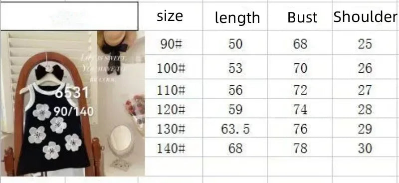 Girls black party dress with white flower applique, sleeveless, sizes 90 to 140 cm